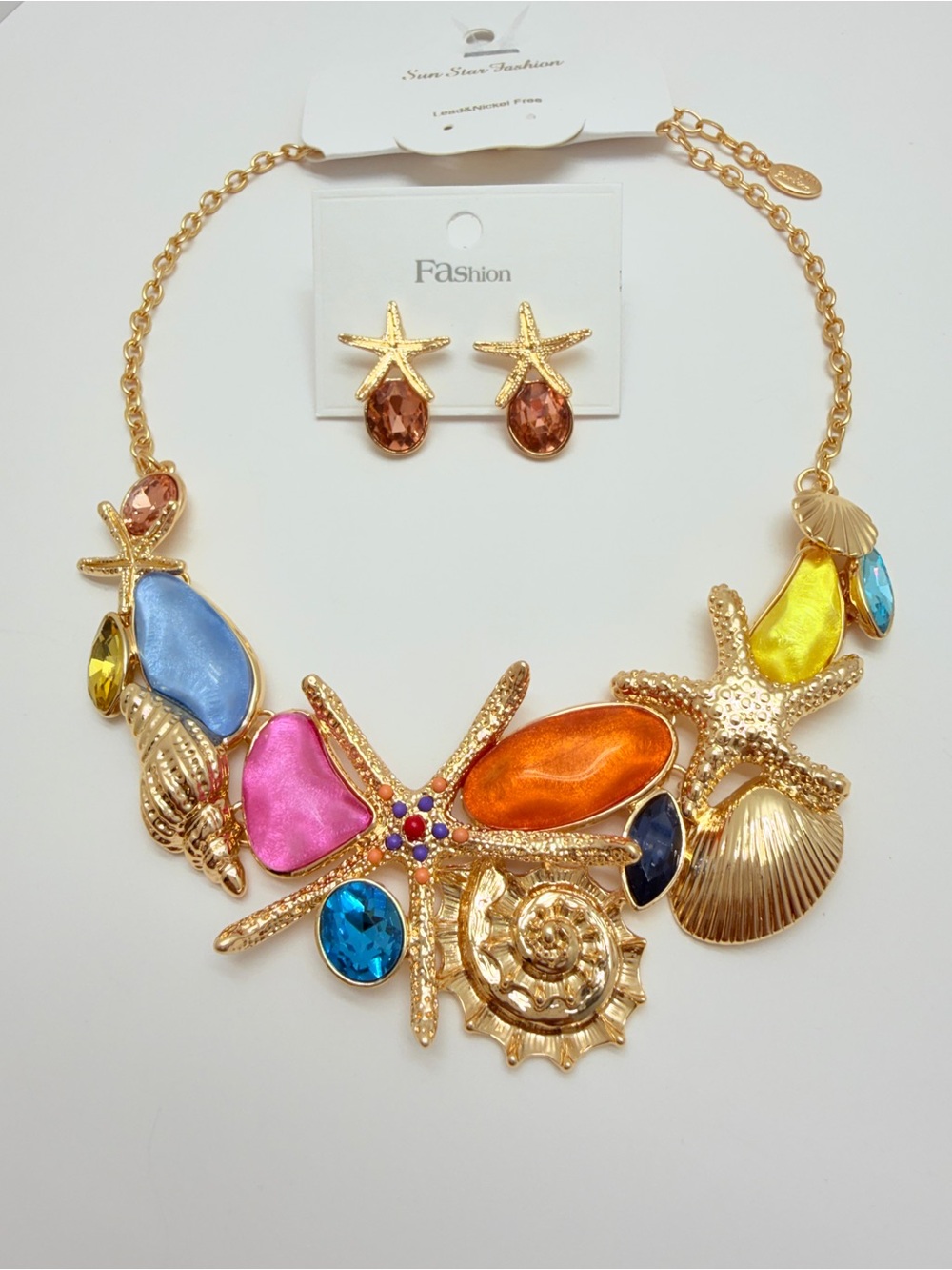 Gold-Tone Multicolor Sea Shell Statement Necklace & Earrings Set